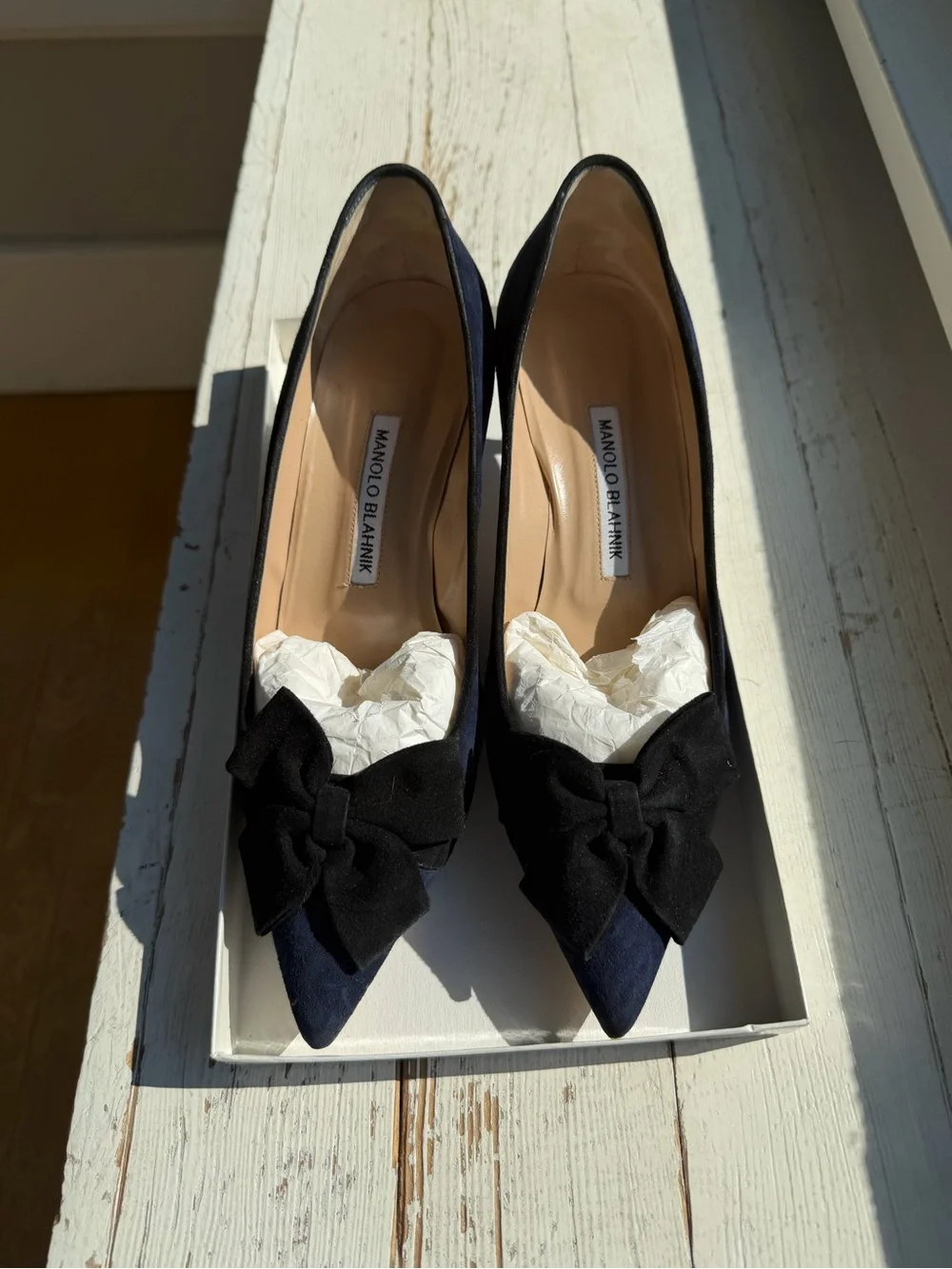 Manolo Blahnik Contina Navy Pointed-Toe Pumps with Black Bow